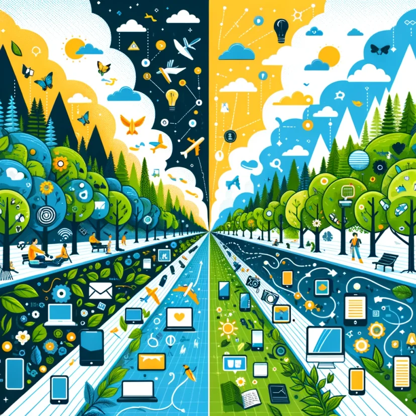 an image that depicts the contrast between technology use and nature, highlighting the balance we aim to achieve. an image that depicts the contrast between technology use and nature, highlighting the balance we aim to achieve.