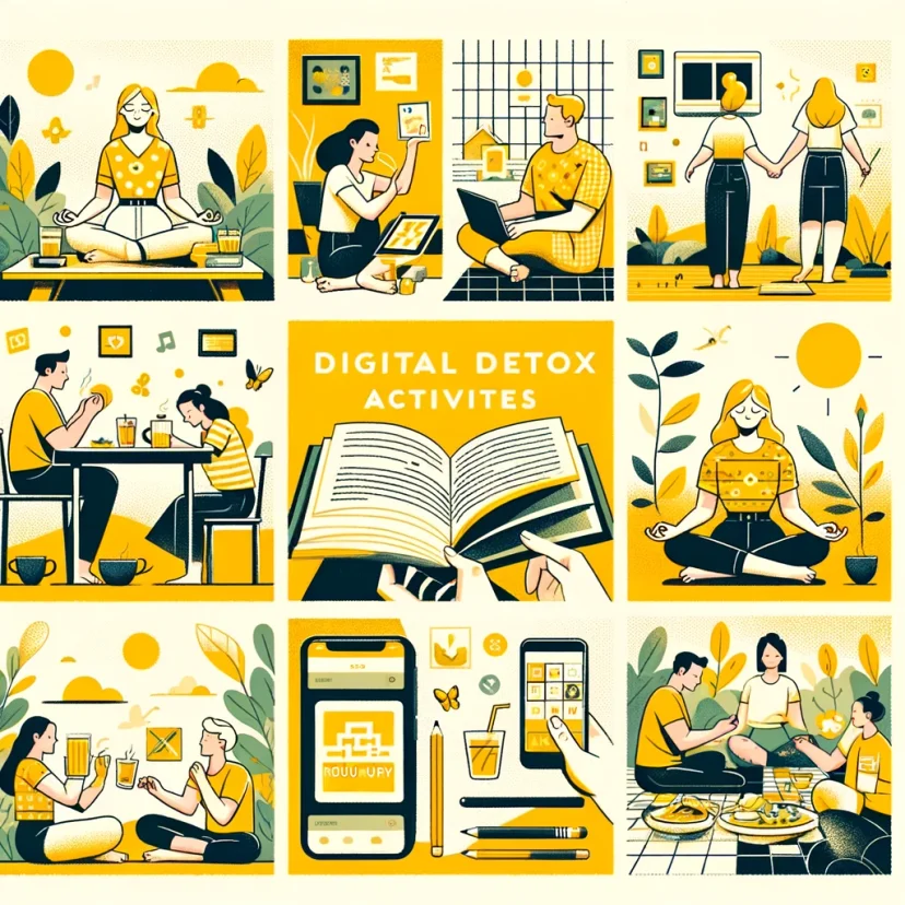 Images depicting people engaging in digital detox activities like reading or spending time outdoors. Images depicting people engaging in digital detox activities like reading or spending time outdoors.