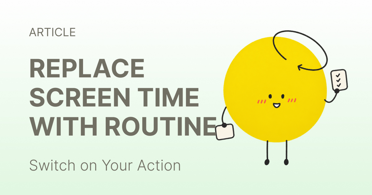 Four screen-time app icons next to a phone showing a daily routine checklist