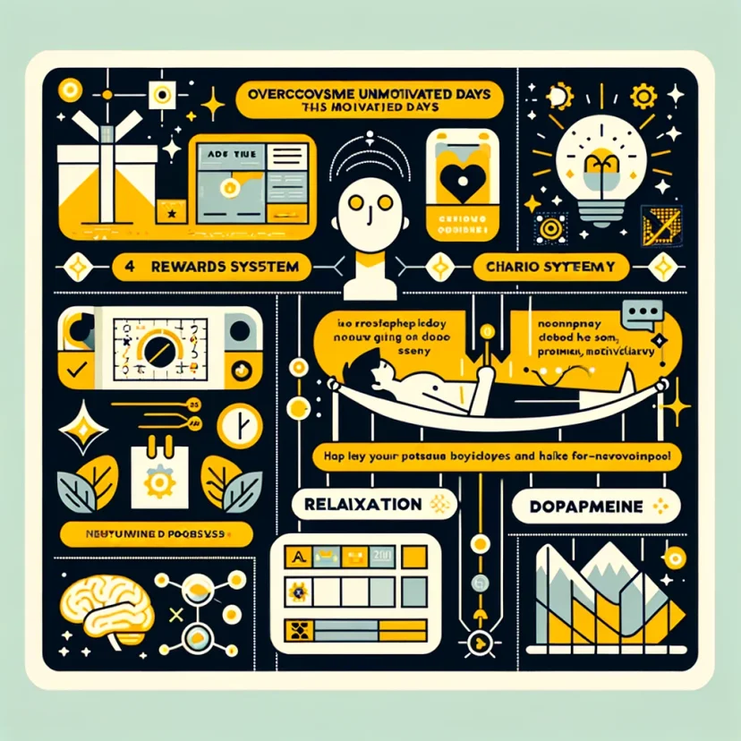 An infographic is provided to visually illustrate key strategies for overcoming unmotivated days, including a reward system, relaxation techniques, and dopamine-friendly activities. An infographic is provided to visually illustrate key strategies for overcoming unmotivated days, including a reward system, relaxation techniques, and dopamine-friendly activities.