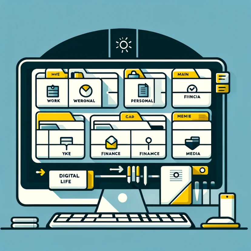The section image for organizing digital files displays a minimalist computer screen with clearly labeled folders such as 'Work', 'Personal', 'Finance', and 'Media', embodying the concept of a decluttered digital space. The section image for organizing digital files displays a minimalist computer screen with clearly labeled folders such as 'Work', 'Personal', 'Finance', and 'Media', embodying the concept of a decluttered digital space.