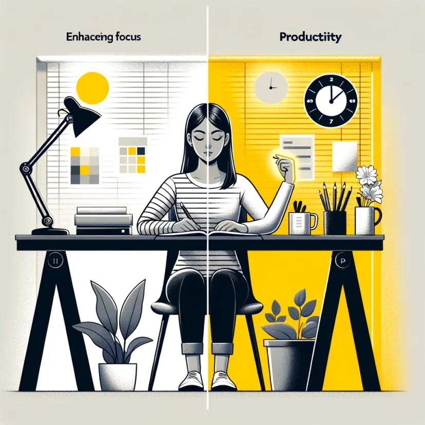 This image depicts a young woman in a calm, organized workspace, focusing intently on her tasks, surrounded by time management tools like a clock and planner, embodying the structured daily routine. This image depicts a young woman in a calm, organized workspace, focusing intently on her tasks, surrounded by time management tools like a clock and planner, embodying the structured daily routine.