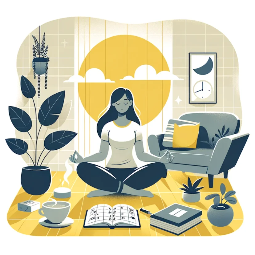 The image illustrates a young woman practicing a relaxation activity, such as meditation, in a serene setting. A daily planner or calendar is subtly included, highlighting the role of routine in achieving tranquility. The image illustrates a young woman practicing a relaxation activity, such as meditation, in a serene setting. A daily planner or calendar is subtly included, highlighting the role of routine in achieving tranquility.