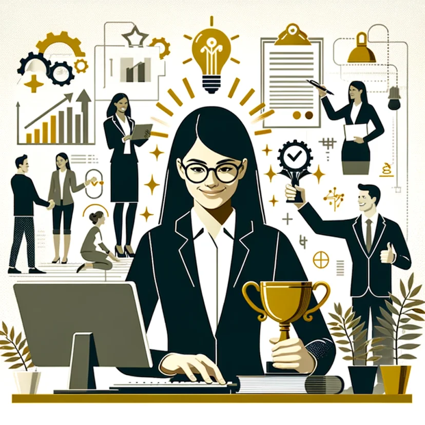 This image portrays a young professional woman's career success and growth in an organized work environment, using symbols of achievement and structured workspaces. This image portrays a young professional woman's career success and growth in an organized work environment, using symbols of achievement and structured workspaces.
