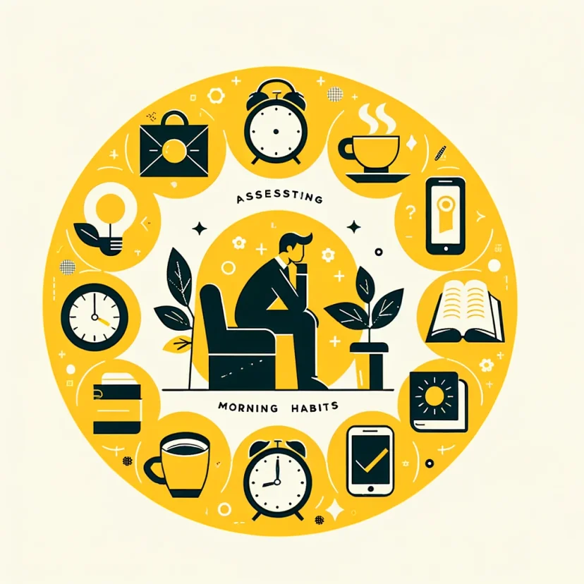 Assess Your Current Morning Habits: A reflective image featuring a person surrounded by morning activity icons. Assess Your Current Morning Habits: A reflective image featuring a person surrounded by morning activity icons.