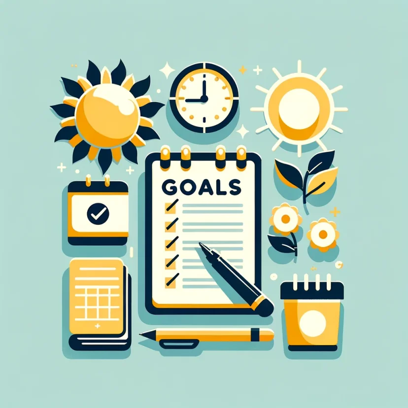 Define Your Goals: A notepad with goals and a rising sun, symbolizing planning and aspirations. Define Your Goals: A notepad with goals and a rising sun, symbolizing planning and aspirations.
