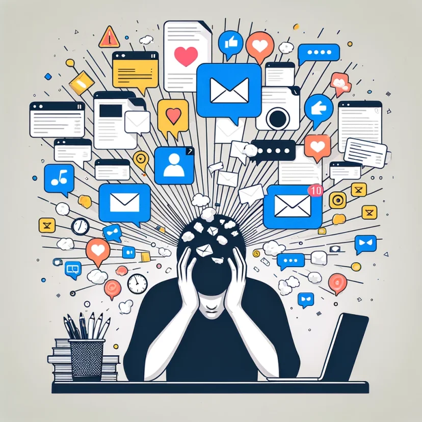 Person overwhelmed by notifications symbolizing attention fragmentation for the introduction to creating a focused workspace. Person overwhelmed by notifications symbolizing attention fragmentation for the introduction to creating a focused workspace.