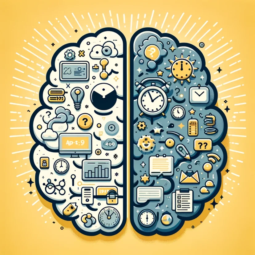 Illustration of a brain divided between cluttered distractions and a focused mindset for understanding distraction impact. Illustration of a brain divided between cluttered distractions and a focused mindset for understanding distraction impact.