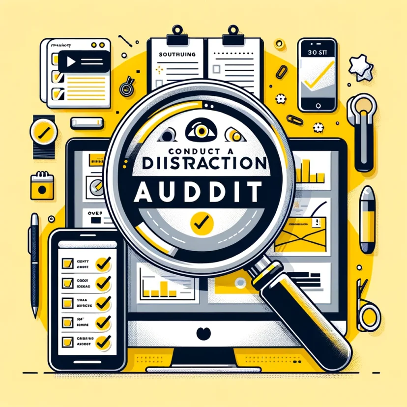 Magnifying glass over desk revealing distractions and a checklist for conducting a distraction audit in a workspace. Magnifying glass over desk revealing distractions and a checklist for conducting a distraction audit in a workspace.