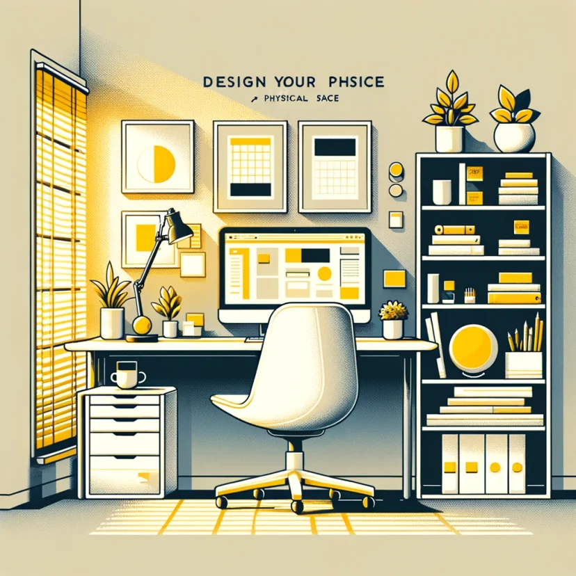 Minimalist ergonomic workspace with natural light and organized desk for designing a physical space conducive to focus. Minimalist ergonomic workspace with natural light and organized desk for designing a physical space conducive to focus.