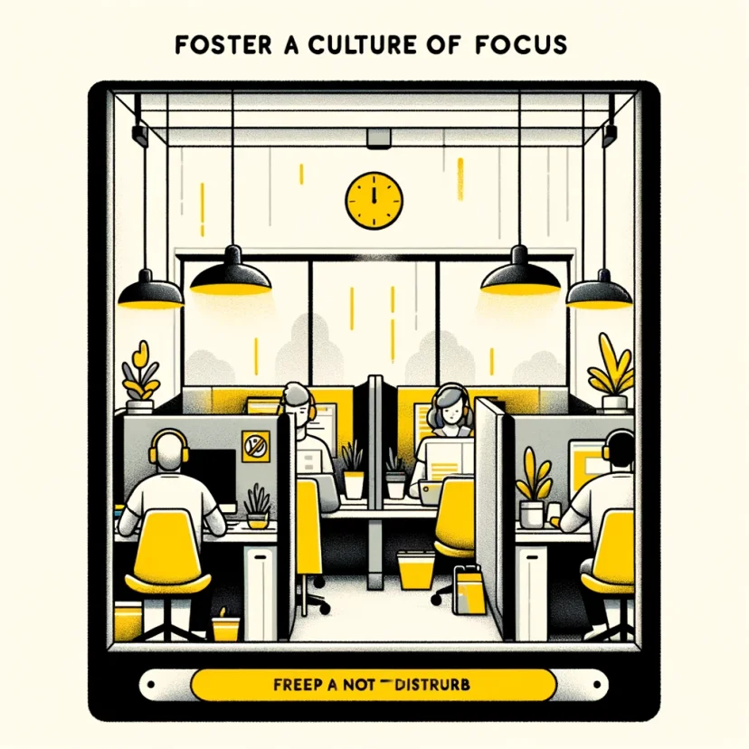 Shared workspace with individuals showing deep work dedication using visual cues like headphones for fostering a focus culture. Shared workspace with individuals showing deep work dedication using visual cues like headphones for fostering a focus culture.
