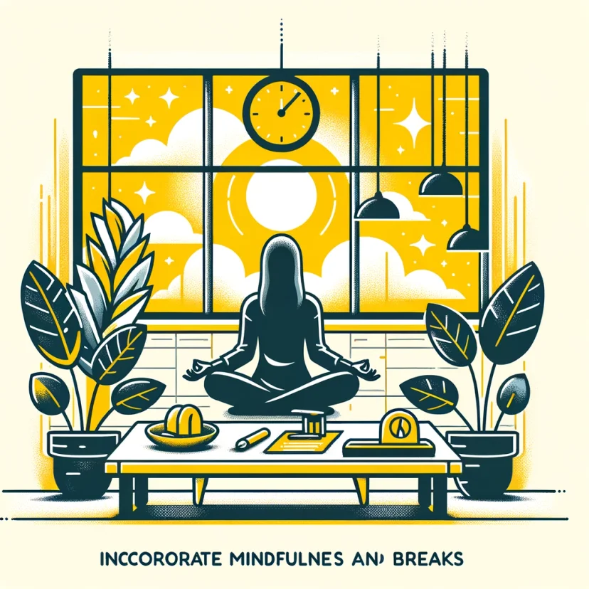 Serene meditation scene with a Pomodoro timer emphasizing mindfulness and scheduled breaks for productivity. Serene meditation scene with a Pomodoro timer emphasizing mindfulness and scheduled breaks for productivity.