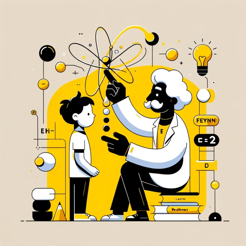 a minimalistic illustration that shows a character teaching a complex concept to a child, using simple terms and analogies. This visual captures the essence of the Feynman Technique, focusing on clarity and the joy of learning within Routinery's brand colors and style. a minimalistic illustration that shows a character teaching a complex concept to a child, using simple terms and analogies. This visual captures the essence of the Feynman Technique, focusing on clarity and the joy of learning within Routinery's brand colors and style.