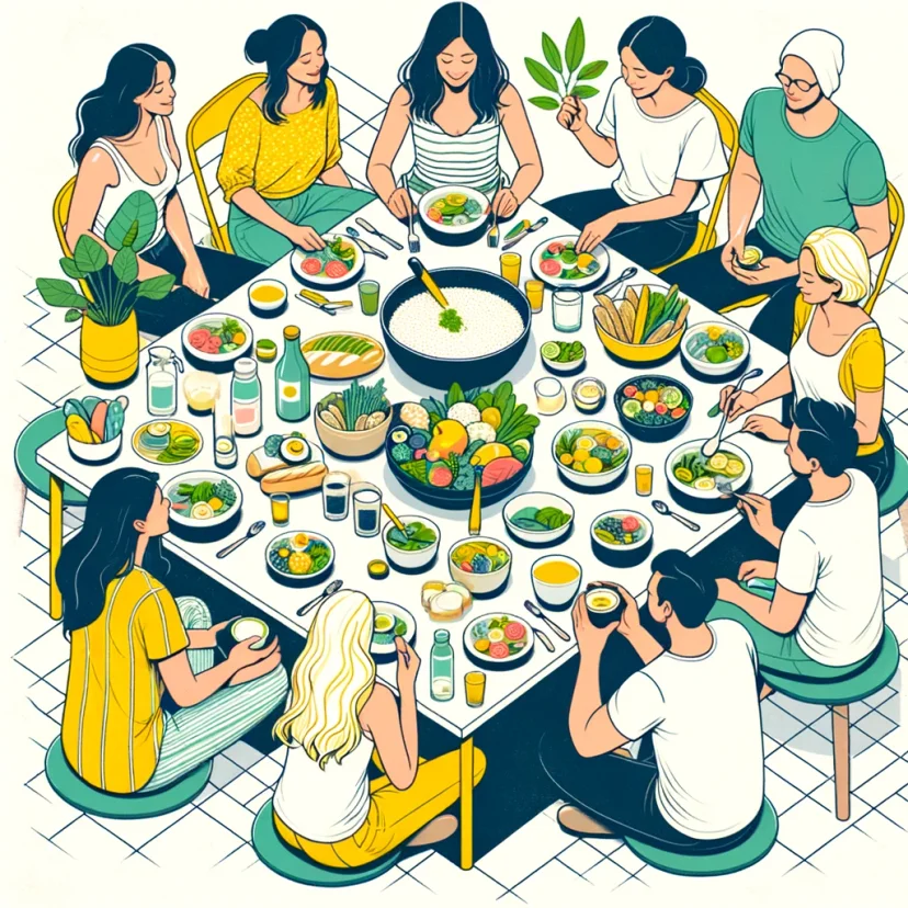 A group of friends or a family enjoying a meal together, emphasizing the communal aspect of mindful eating in a joyful, attentive manner. A group of friends or a family enjoying a meal together, emphasizing the communal aspect of mindful eating in a joyful, attentive manner.