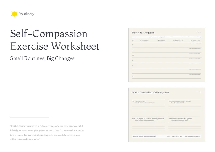 Self-compassion exercise worksheet PDF preview with calming prompts