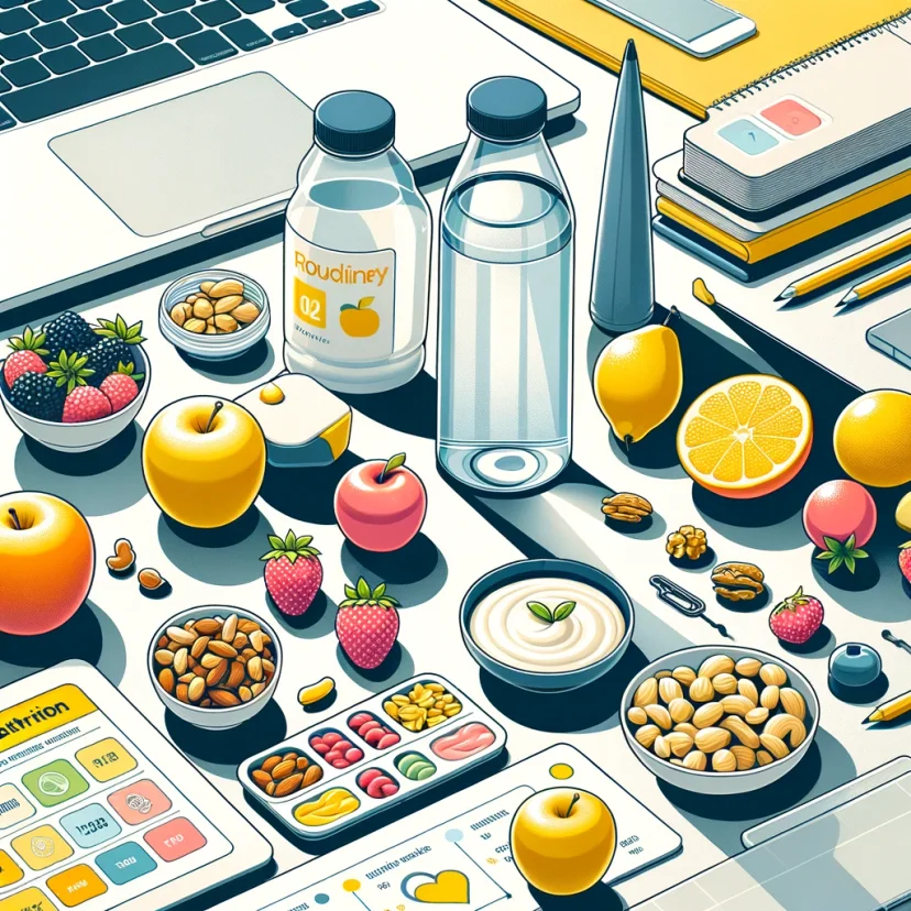 Healthy Snacks on a Desk: Emphasizing smart nutrition choices with a visual of healthy snacks arranged neatly on a work desk. Healthy Snacks on a Desk: Emphasizing smart nutrition choices with a visual of healthy snacks arranged neatly on a work desk.