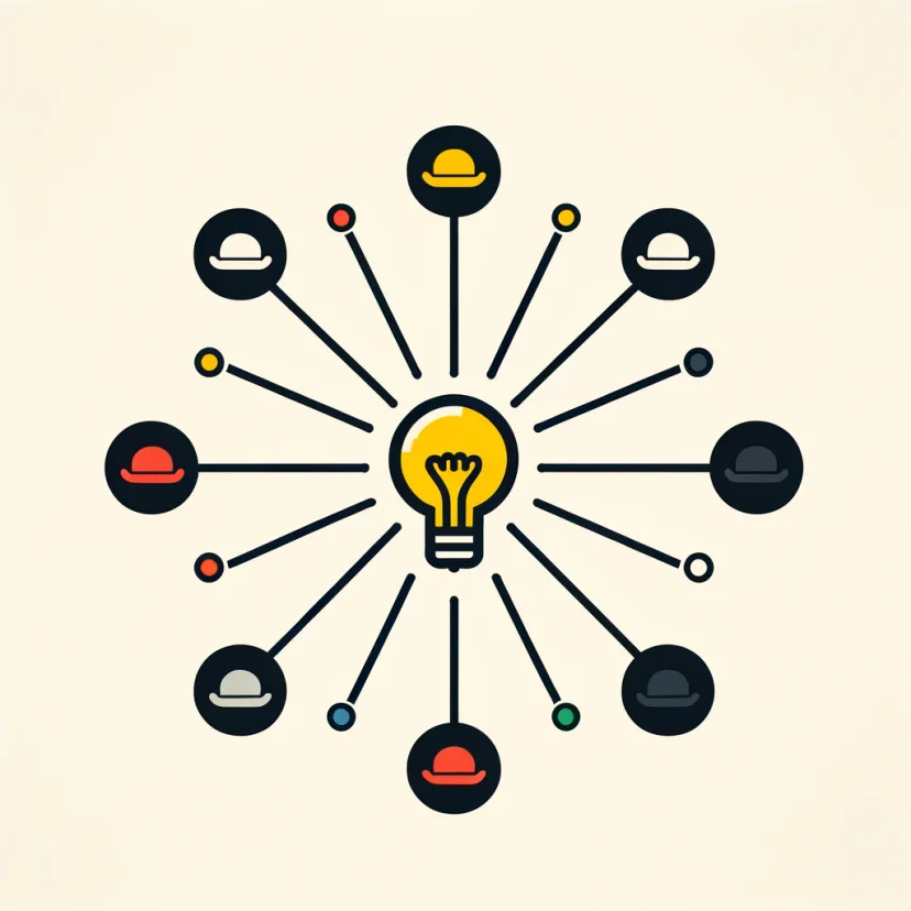 combining the concepts of mind mapping and the Six Thinking Hats technique into a single visual. It's designed to convey the essence of these techniques through abstract symbolism, using Routinery's brand colors for a clear and minimal representation. combining the concepts of mind mapping and the Six Thinking Hats technique into a single visual. It's designed to convey the essence of these techniques through abstract symbolism, using Routinery's brand colors for a clear and minimal representation.