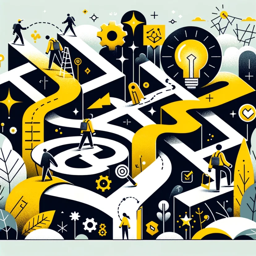 image focusing more on exploration and discovery, with abstract characters embarking on an adventure, has been created. It symbolizes the journey of non-linear thinking, surrounded by symbols of innovation and creativity, designed with Routinery's brand colors for a visually compelling representation. image focusing more on exploration and discovery, with abstract characters embarking on an adventure, has been created. It symbolizes the journey of non-linear thinking, surrounded by symbols of innovation and creativity, designed with Routinery's brand colors for a visually compelling representation.