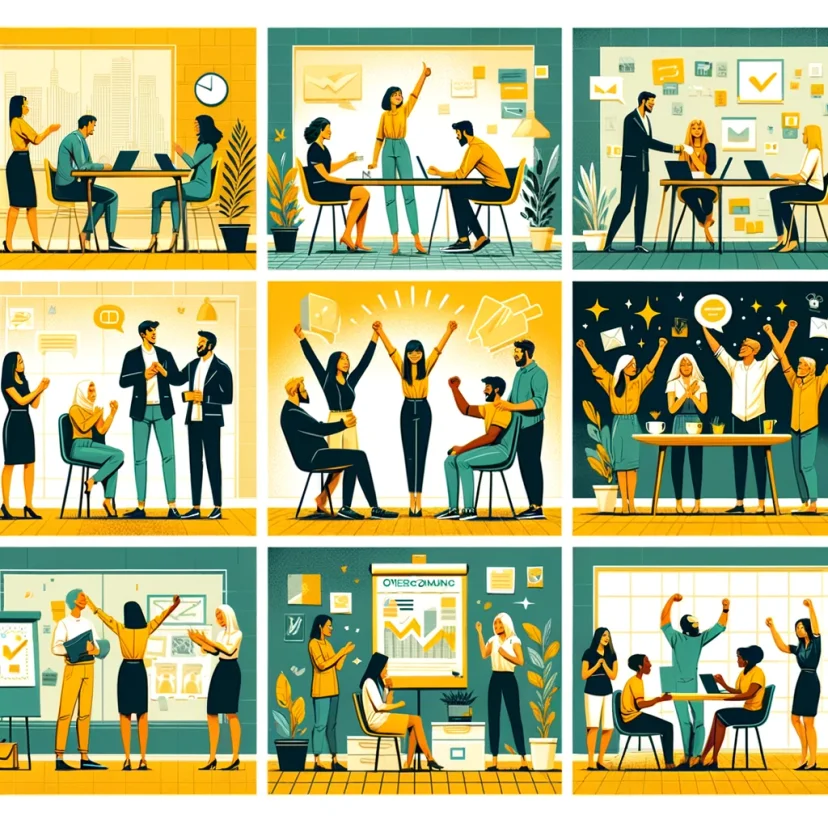 A collage showcases individuals in various professional settings sharing experiences and celebrating small successes, encouraging readers to share their feelings and celebrate their progress. A collage showcases individuals in various professional settings sharing experiences and celebrating small successes, encouraging readers to share their feelings and celebrate their progress.