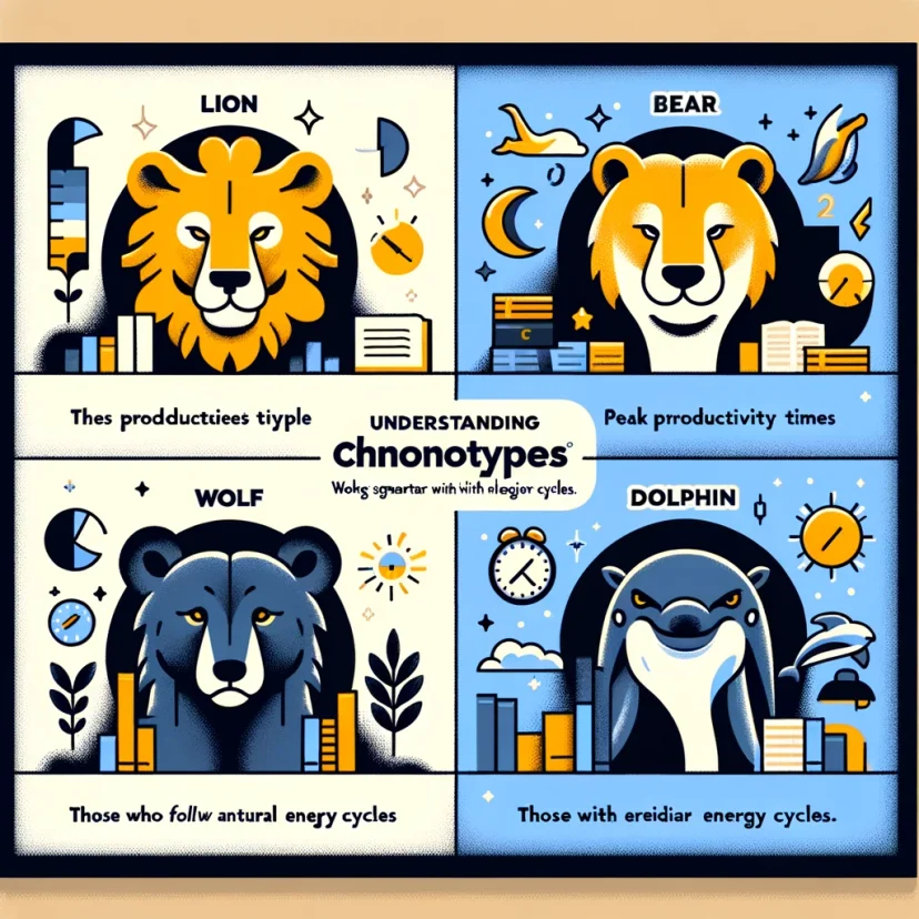 An infographic summarizing the four main chronotypes and their characteristics, designed to introduce readers to the concept of chronotypes and their impact on productivity. An infographic summarizing the four main chronotypes and their characteristics, designed to introduce readers to the concept of chronotypes and their impact on productivity.