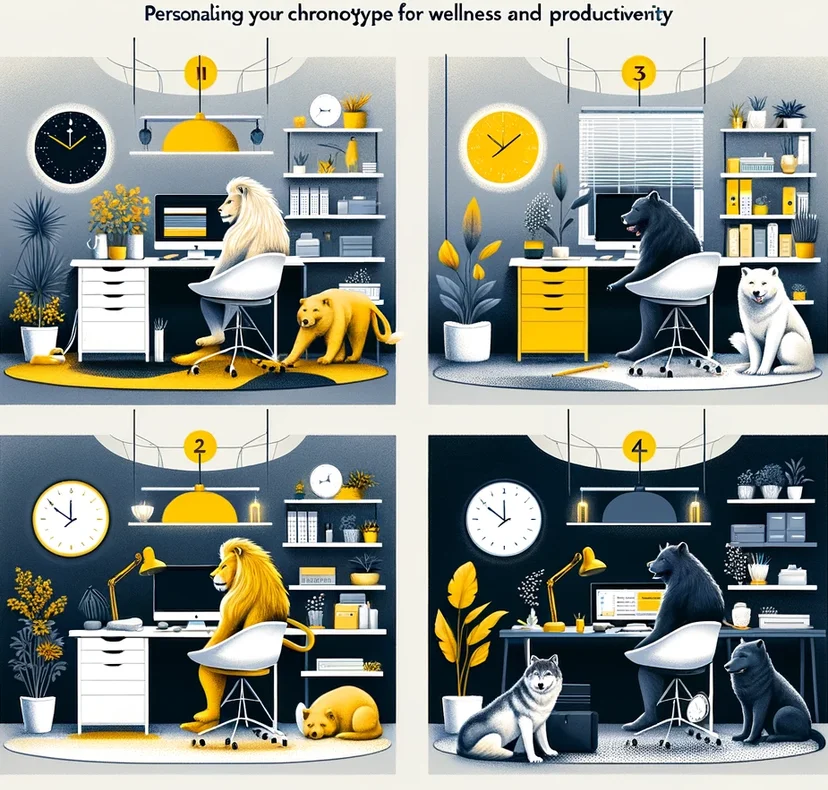 Visual tips illustrating personalized workspace setups for each chronotype, suggesting optimal environments for enhancing productivity and well-being. Visual tips illustrating personalized workspace setups for each chronotype, suggesting optimal environments for enhancing productivity and well-being.