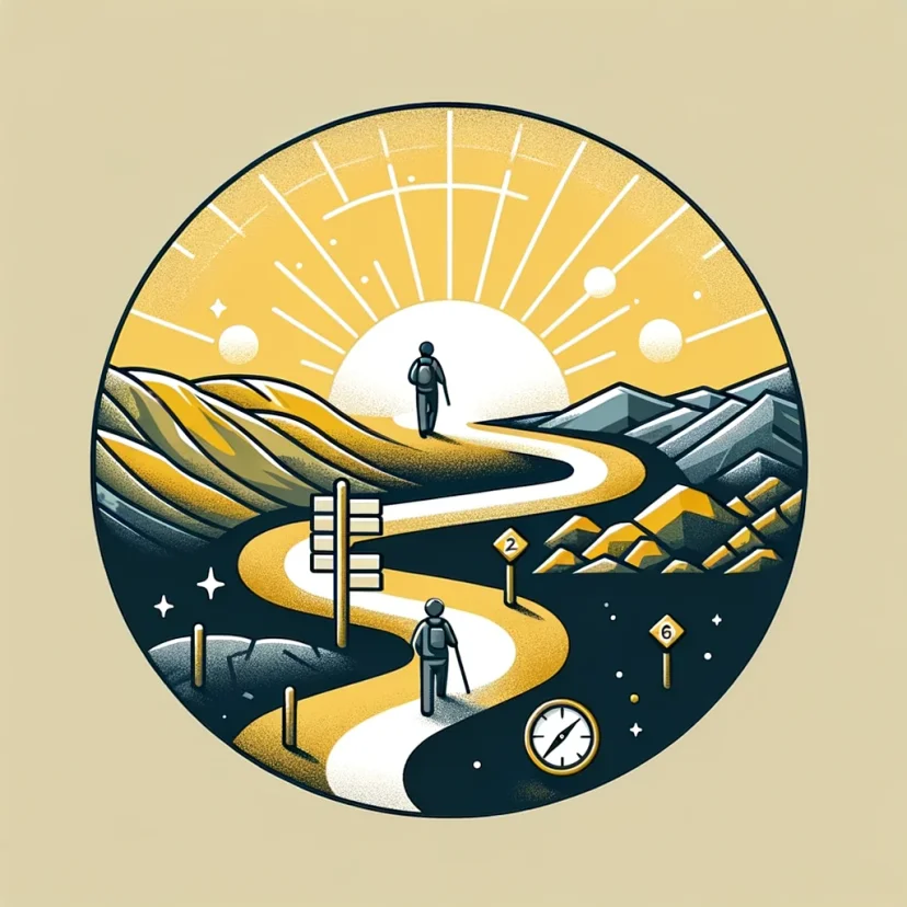 A figure on a path through various terrains with milestones, symbolizing the journey of personal growth and persistence. A figure on a path through various terrains with milestones, symbolizing the journey of personal growth and persistence.