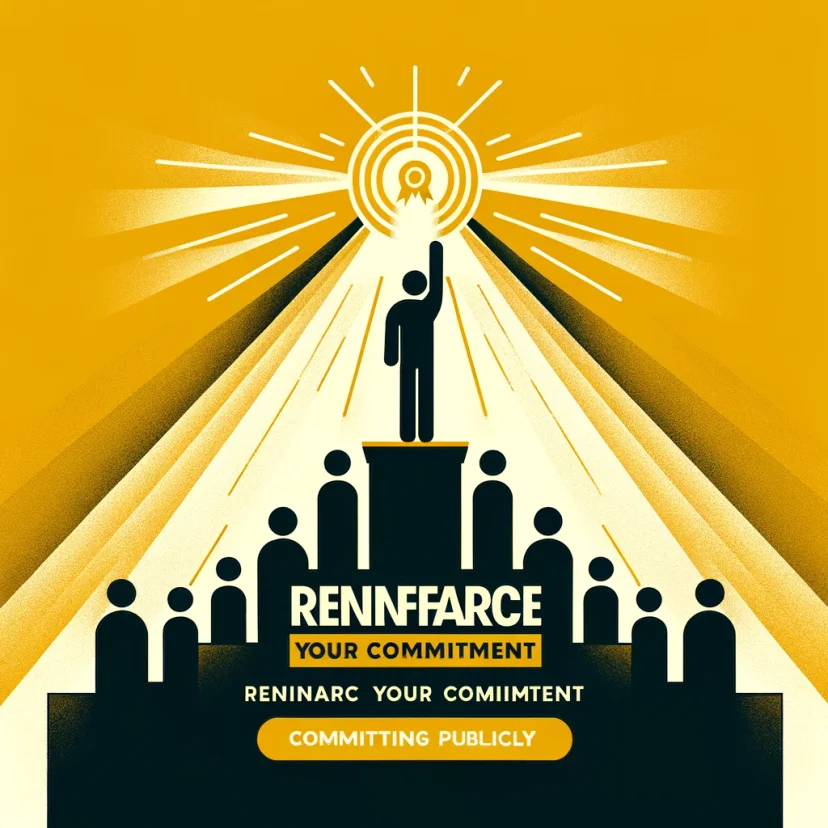 A figure reaching towards a light with people around, symbolizing motivation renewal and public commitment. A figure reaching towards a light with people around, symbolizing motivation renewal and public commitment.