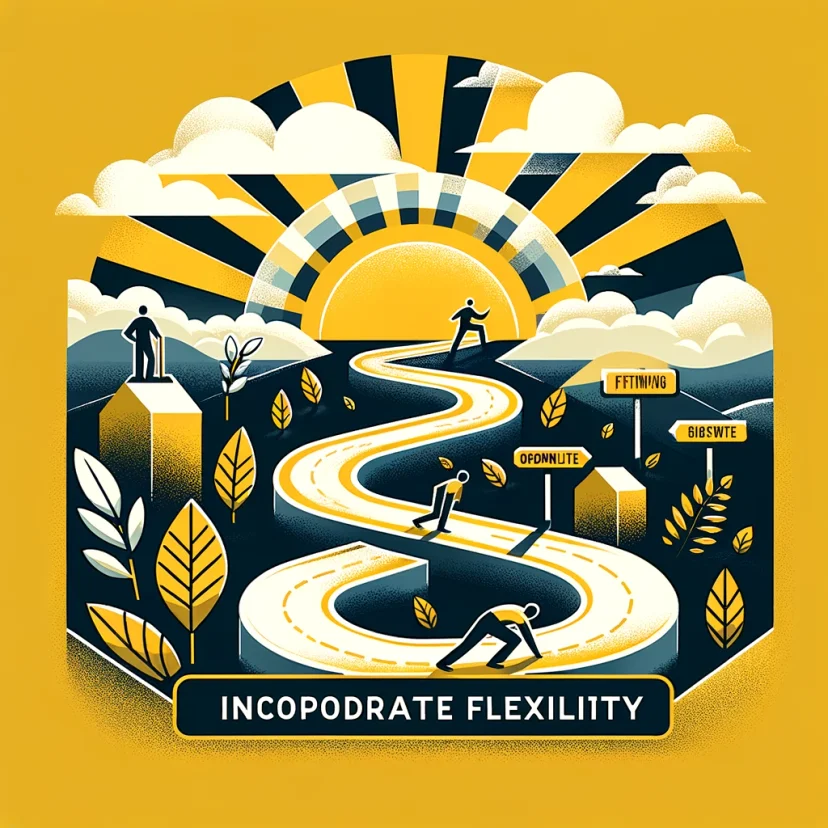 A flexible path winding through obstacles towards sunrise, embodying adaptability and growth. A flexible path winding through obstacles towards sunrise, embodying adaptability and growth.