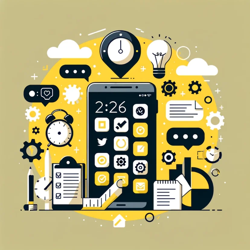 A minimalist smartphone with productivity app icons, emphasizing smart technology integration. A minimalist smartphone with productivity app icons, emphasizing smart technology integration.