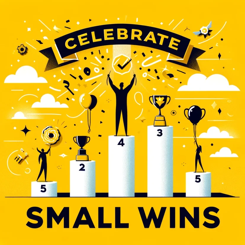 A figure on ascending platforms with celebration symbols, emphasizing acknowledging and celebrating progress. A figure on ascending platforms with celebration symbols, emphasizing acknowledging and celebrating progress.