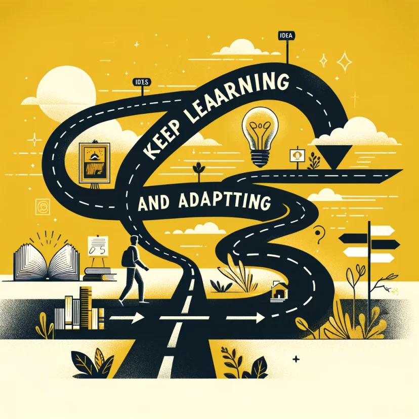 A figure on a path with books and arrows, indicating continuous learning and adaptability. A figure on a path with books and arrows, indicating continuous learning and adaptability.